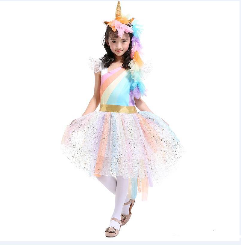 4-7T Girls Rainbow Dress with Unicorn Headband + Angel Wings Lace Tutu Girls Princess Dress Suits Cosplay Clothing Sets TIANGELTG